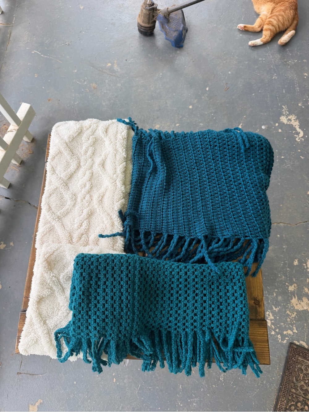 White and 2 Teal crochet scarves